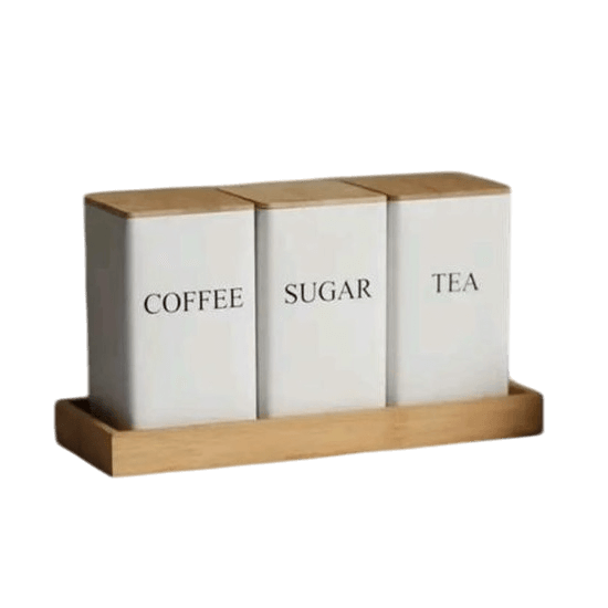 IRON & WOOD SQUARE KITCHEN CONTAINER WITH TRAY (WHITE) SET OF 3